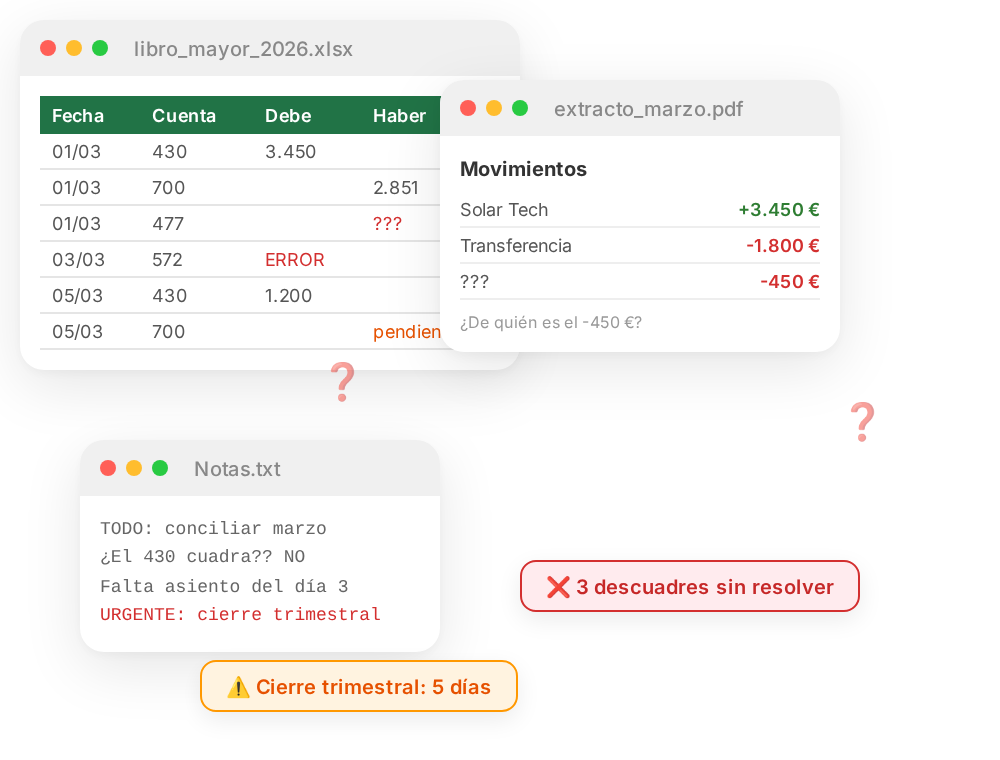 Contabilidad fragmentada entre un Excel, el extracto del banco y notas sin conciliar