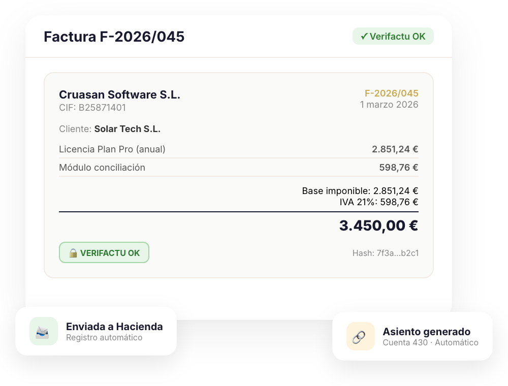 Panel de facturación ordenado con asientos automáticos y conciliación bancaria